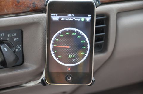 1996 Ford Bronco - iPhone displays air intake temperature, showing 55.4 degrees Fahrenheit.