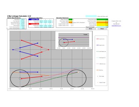 Suzuki Samurai - Screenshot of a "4 Bar Linkage Calculator v3.0" spreadsheet used to plan four-link suspension geometry, listing vehicle specs (109 in wheel…