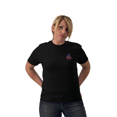 1966 Ford Bronco - A woman stands against a white background wearing a black t-shirt and jeans.