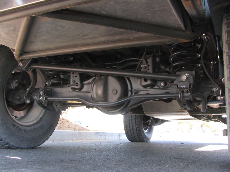 Undercarriage view of a truck showing rear axle, coil springs and shocks