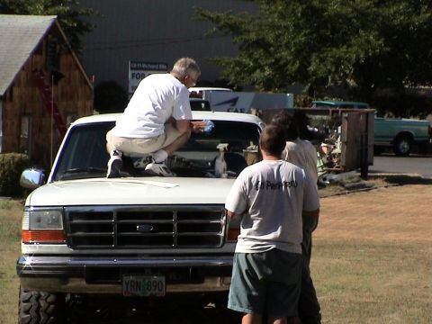1996 Ford Bronco - Getting Ready to Put on a 2 Big Broncos 4x4 Club Windshield Sticker.(8/10/2002)