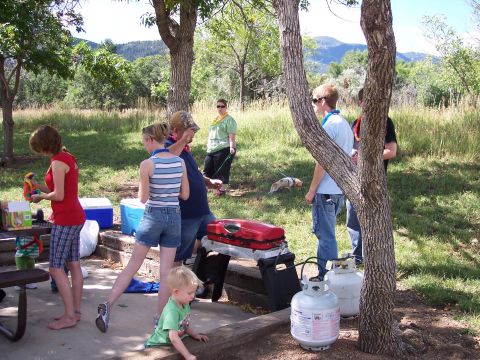 1972 Ford Ranchero - A group enjoys a picnic outdoors with food preparation equipment visible.