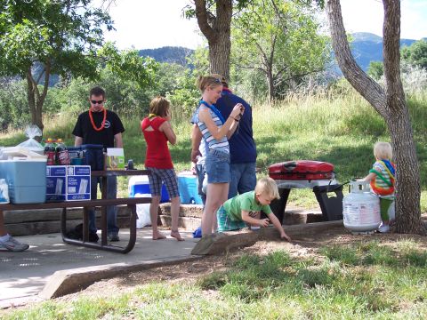 1972 Ford Ranchero - A family enjoys a picnic in a park setting, with a grill and propane tank visible.