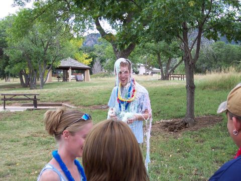 1972 Ford Ranchero - A group of people are gathered in a park, with one individual playfully covered in streamers and leis.