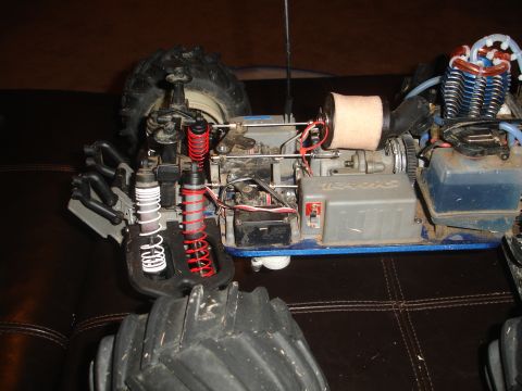 1989 Ford Bronco - Close-up view of the internal components of a remote-controlled monster truck.
