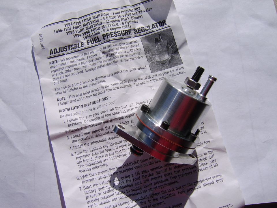 The factory regulator was still fine, but I decided to 'upgrade' to an aftermarket unit so I could adjust the fpsi

I went with the Kirban AFPR after reading reviews on the Mustang boards of the Aeromotive or BBK units. 
I also like that it wasn't quite as bulky or flashy color.


The Kirban comes in a little zip lock bag with the instruction sheet. Little weird, but seems like a nice part!