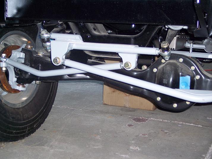 close-up of vehicle's front steering and suspension system, showing tie rods and sway bar