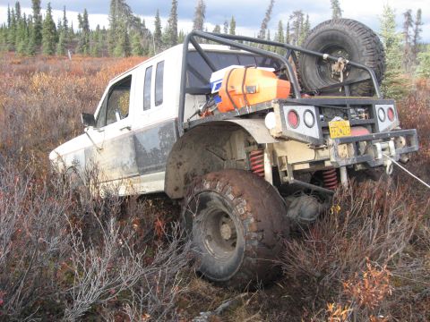 1990 Ford F-250 - Modified 1990 Ford F-250 with custom flatbed and roll cage is stuck in brush.