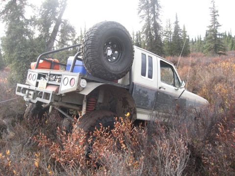 1990 Ford F-250 - This modified pickup truck appears to be stuck off-road in dense brush and trees.