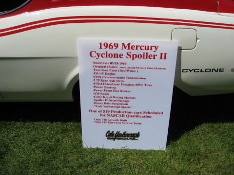 1956 Ford Fairlane - A sign displays the details of a 1969 Mercury Cyclone Spoiler II, including its build date and production numbers.