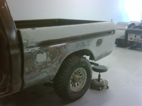 1979 Ford F-250 - This 1979 Ford F-250 is undergoing bodywork on the rear fender and bed.
