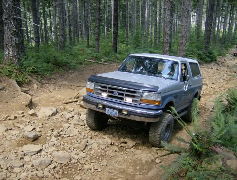 1996 Ford Bronco - This 1996 Ford Bronco navigates a challenging, rocky path through a dense forest.