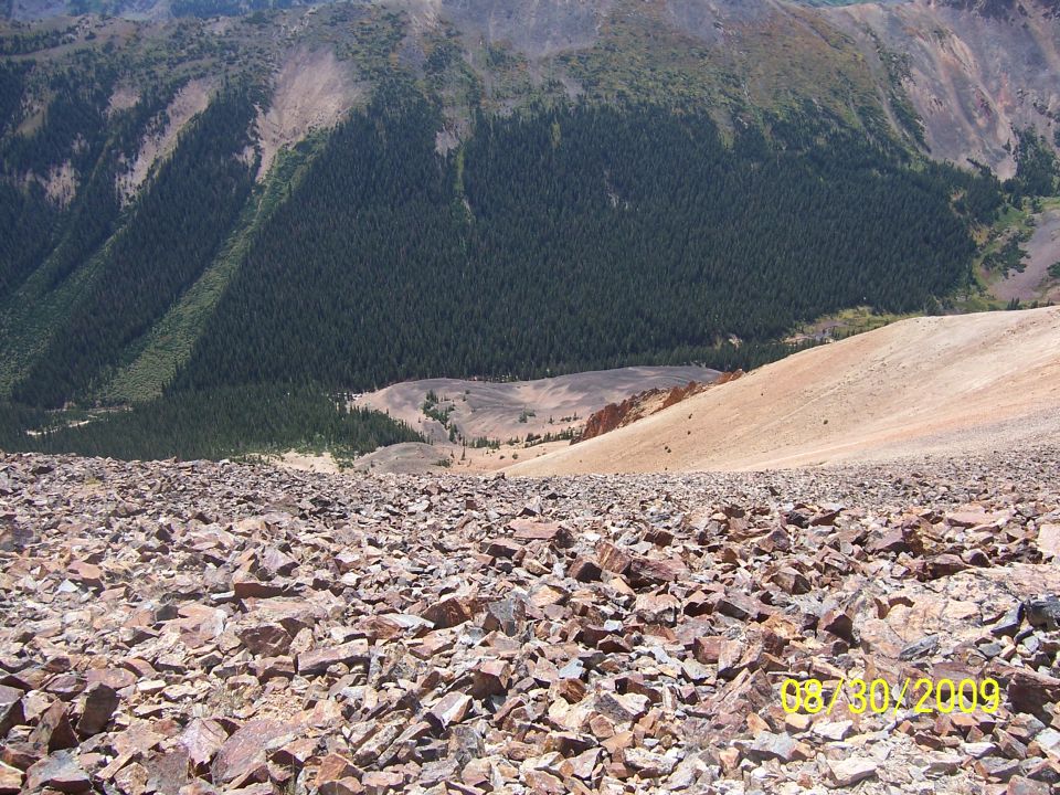 Rocky mountain slope with trees and a date stamp