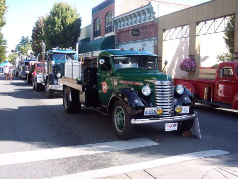1981 Kenworth W900A - A line of trucks, including a vintage green flatbed, are parked on a street.