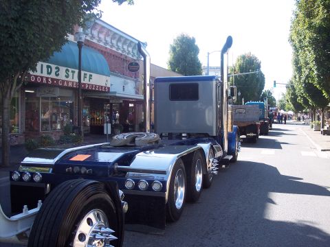 1981 Kenworth W900A - Several semi-trucks are lined up on a street, with buildings and trees visible.