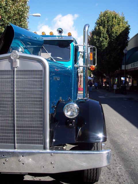 1981 Kenworth W900A - A classic Kenworth truck is parked on a street lined with trees and shops.