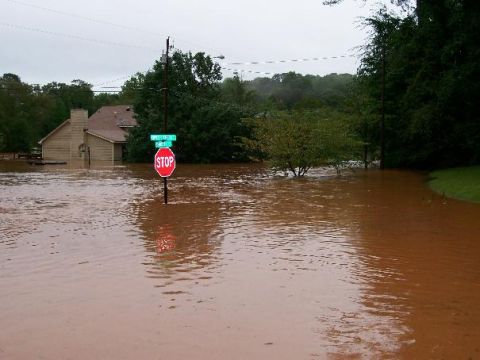 1979 Ford F-150 - A street and house are submerged in floodwaters under an overcast sky.