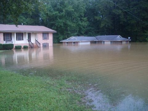 1979 Ford F-150 - Houses submerged in floodwaters, with only the roofs and upper walls visible.