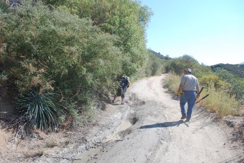 1996 Ford Bronco - A dirt road winds through a hilly, vegetated landscape with two people walking on it.