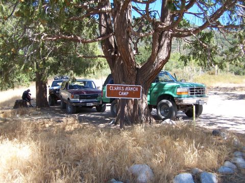 1990 Ford Bronco - Three lifted Ford trucks and SUVs parked in the shade of a large tree beside a brown "CLARKS RANCH CAMP" sign, with a person resting on a s…