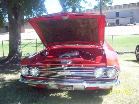 1995 Ford Probe - 1960 Chevrolet Impala front view, hood open, engine visible. Photo dated 02/14/2007.