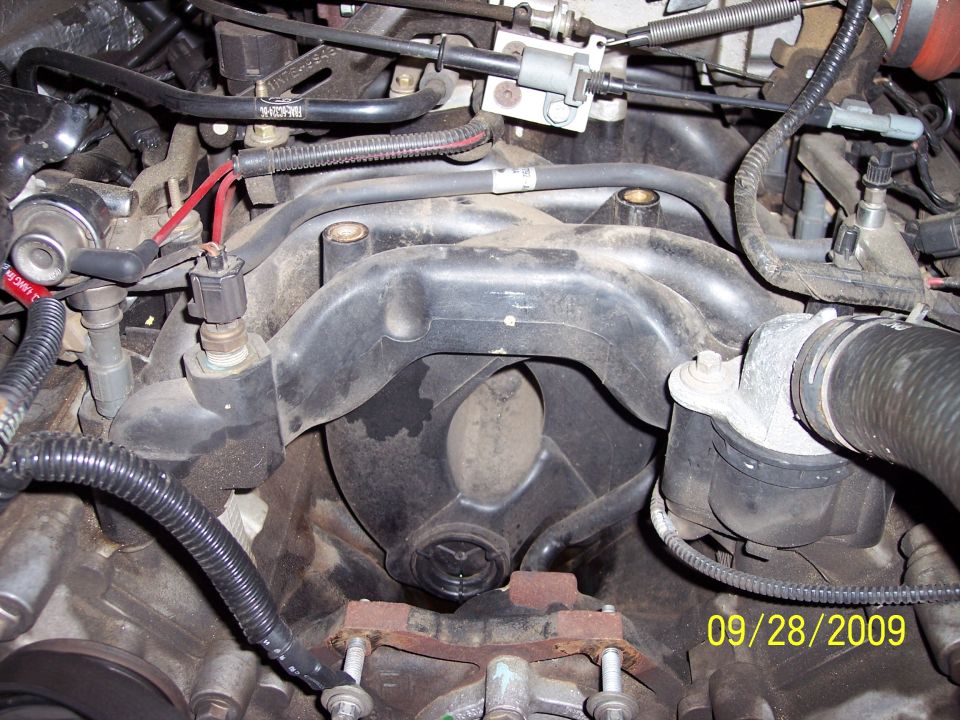 Close-up of engine components with hoses and wiring. Date stamp reads 09/28/2009