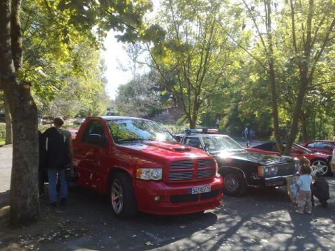 1991 Ford LTD Crown Victoria - Red Dodge Ram pickup truck and a police car are parked outdoors under trees.