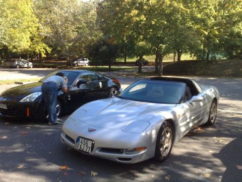 1991 Ford LTD Crown Victoria - A silver convertible sports car is parked next to a black car, with a person leaning into the black car.