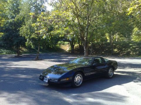 1991 Ford LTD Crown Victoria - Black Chevrolet Corvette C4 parked in a lot with trees in the background.