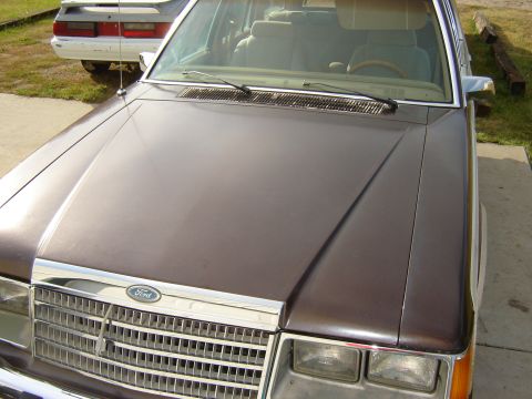 1984 Ford LTD - Front view of a 1984 Ford LTD, with a white Ford Mustang in the background.