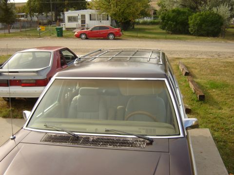 1984 Ford LTD - The interior of a station wagon is visible, along with a roof rack. Another car and a trailer home are in the background.