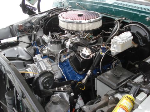1979 Ford F-150 - Close-up of a V8 engine bay, possibly from a 1979 Ford F-150, showing various components.