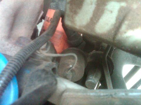1982 Ford Bronco - Close-up view of an engine bay, an orange oil filter and various hoses and mechanical parts.