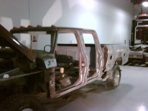 1979 Ford F-250 - This 1979 Ford F-250 Crewcab is in a workshop, stripped down for bodywork.