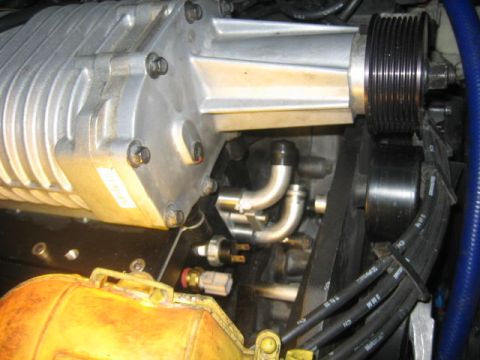 1996 Ford Thunderbird - note the new location of the air charge temp sensor and where I drilled and taped to add a hobbs switch for a kb boost a spark.