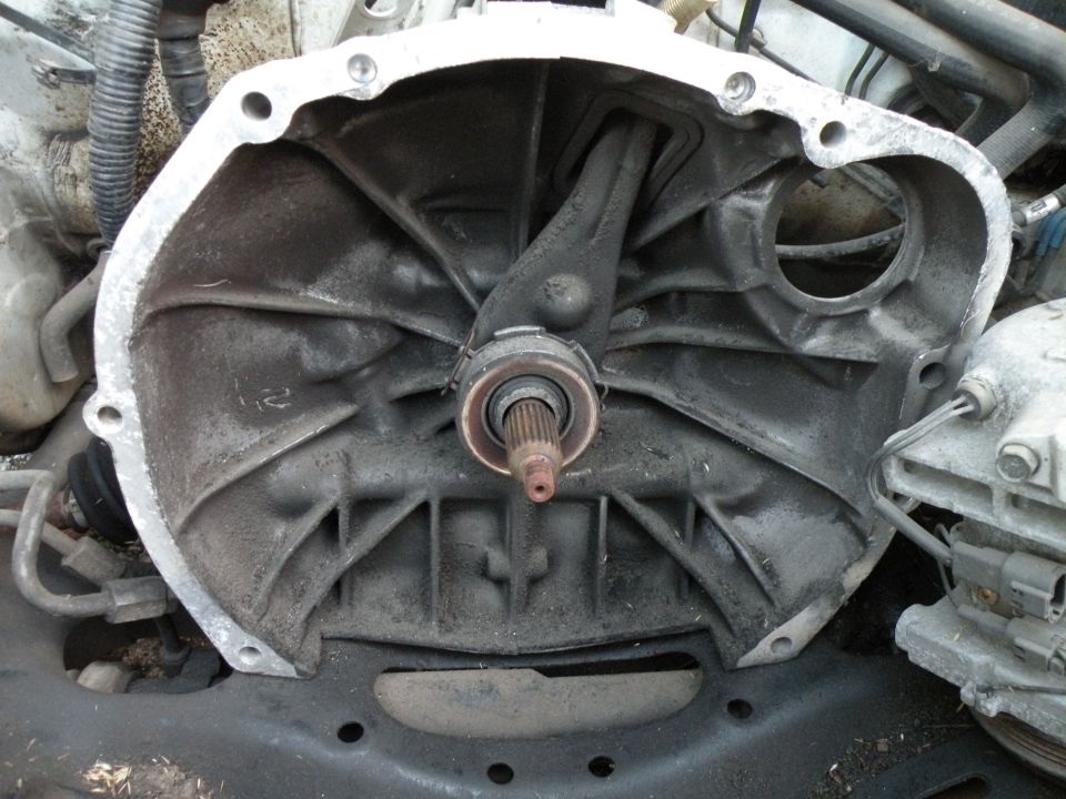 Clutch housing with release bearing and fork assembly, viewed from front