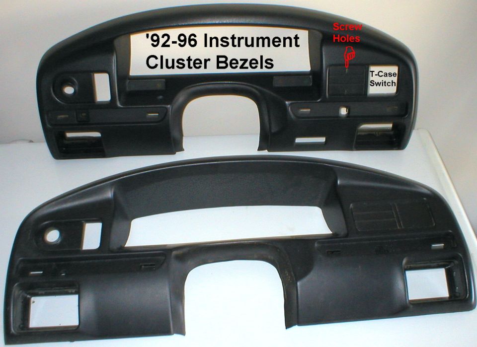 Two black dashboard instrument cluster bezels labeled 92-96 with annotations