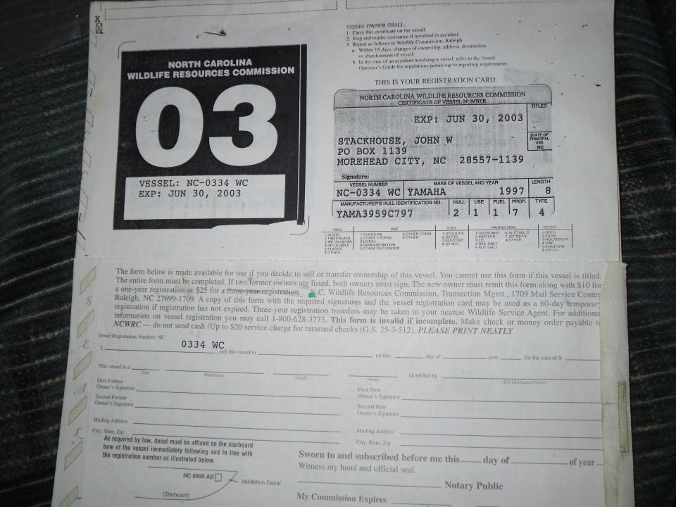 NC Wildlife vessel registration card and decal for a 1997 Yamaha, NC-0334 WC.