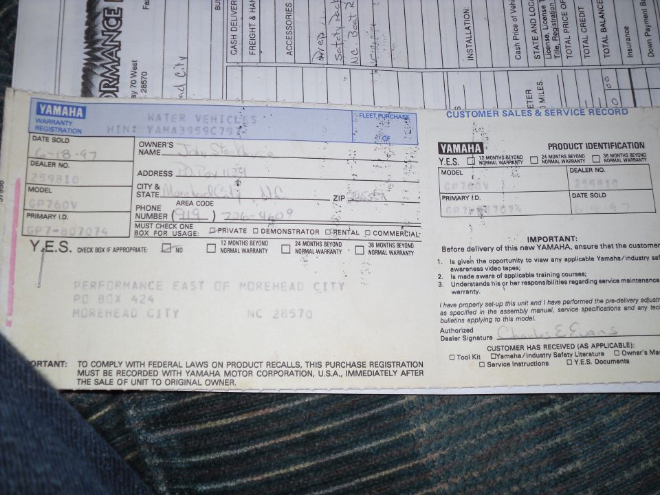 Yamaha watercraft warranty registration and customer service record paperwork