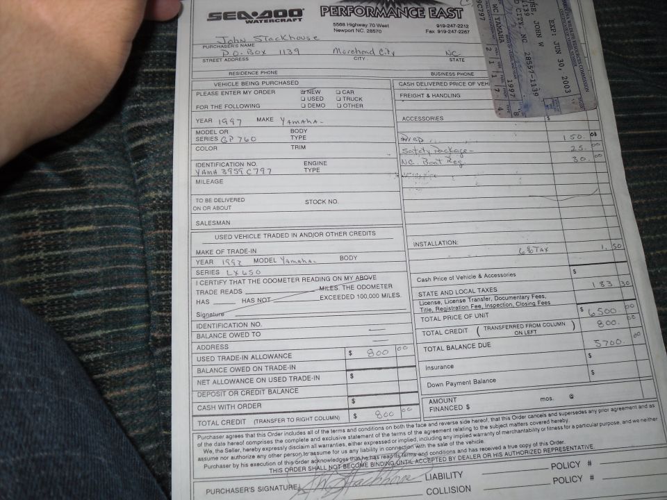 Handwritten Yamaha GP760 watercraft purchase order from Sea-Doo Performance East dealer