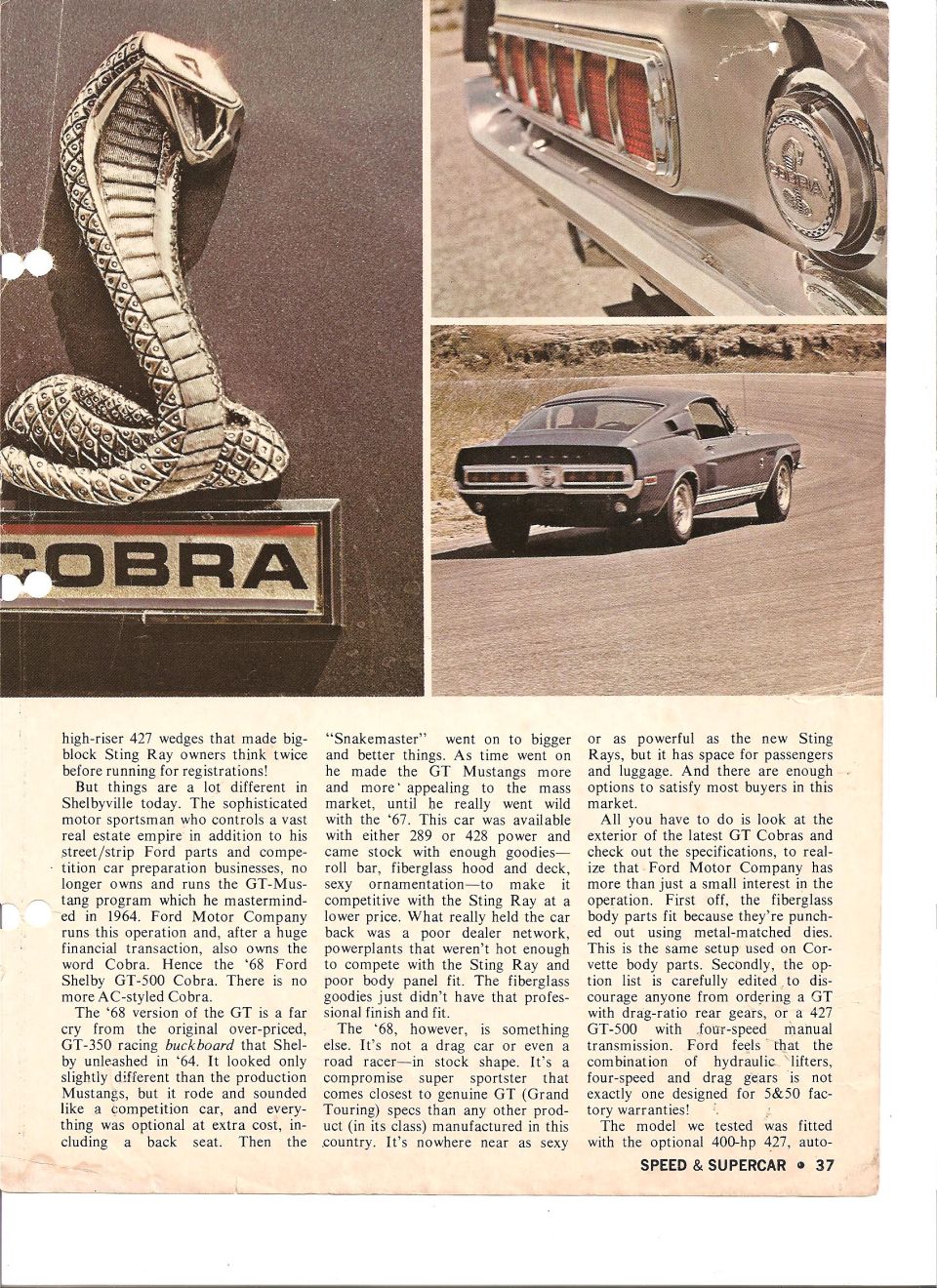 Rear view of a 1968 Shelby GT500 Cobra on a road