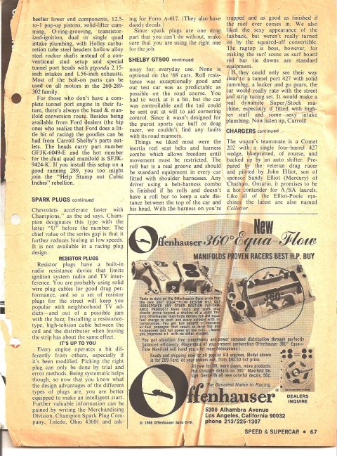 1968 Ford Mustang - Advertisement for Offenhauser 360 Equa-Flow manifolds, highlighting their performance benefits for racers.