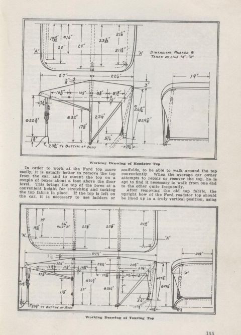 1915 Ford Model T - Working drawings detail the construction and dimensions for a Ford roadster top.
