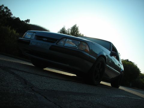 1990 Ford Mustang - A dark blue Ford Mustang is captured from a low angle on a sunny day, highlighting its front 3/4 view.