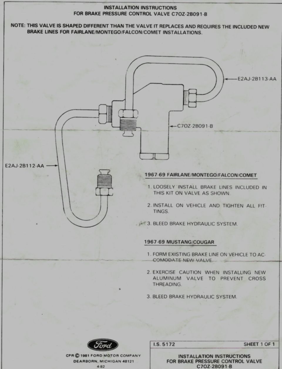 Ford brake pressure control valve C7OZ-2B091-B installation instruction diagram