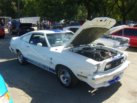 2007 Ford Mustang - A white 1976 Ford Mustang Cobra II is displayed with its hood open, showing the engine and blue racing stripes.