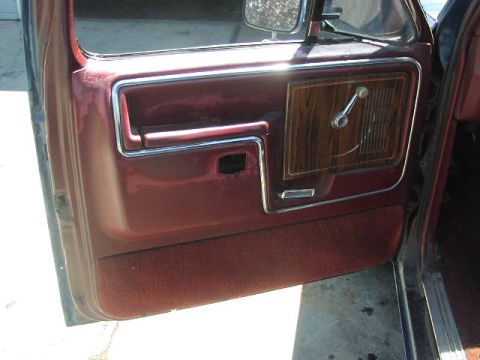 1981 Ford Bronco - The interior door panel features a wood grain accent and a chrome window crank, typical of older truck models.