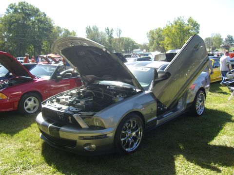 2007 Ford Mustang - A silver Ford Mustang is displayed with its hood and driver's side door open at an outdoor car show.