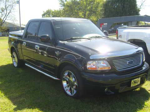 2007 Ford Mustang - This black Ford F-150 pickup truck is parked on a grassy area with another white truck in the background.