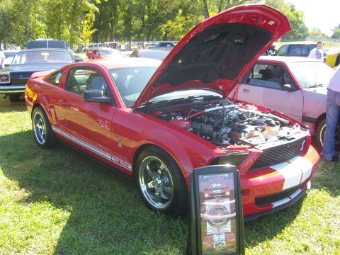 2007 Ford Mustang - A red 2007 Ford Mustang GT500 is displayed with its hood open, parked on grass next to other vehicles.